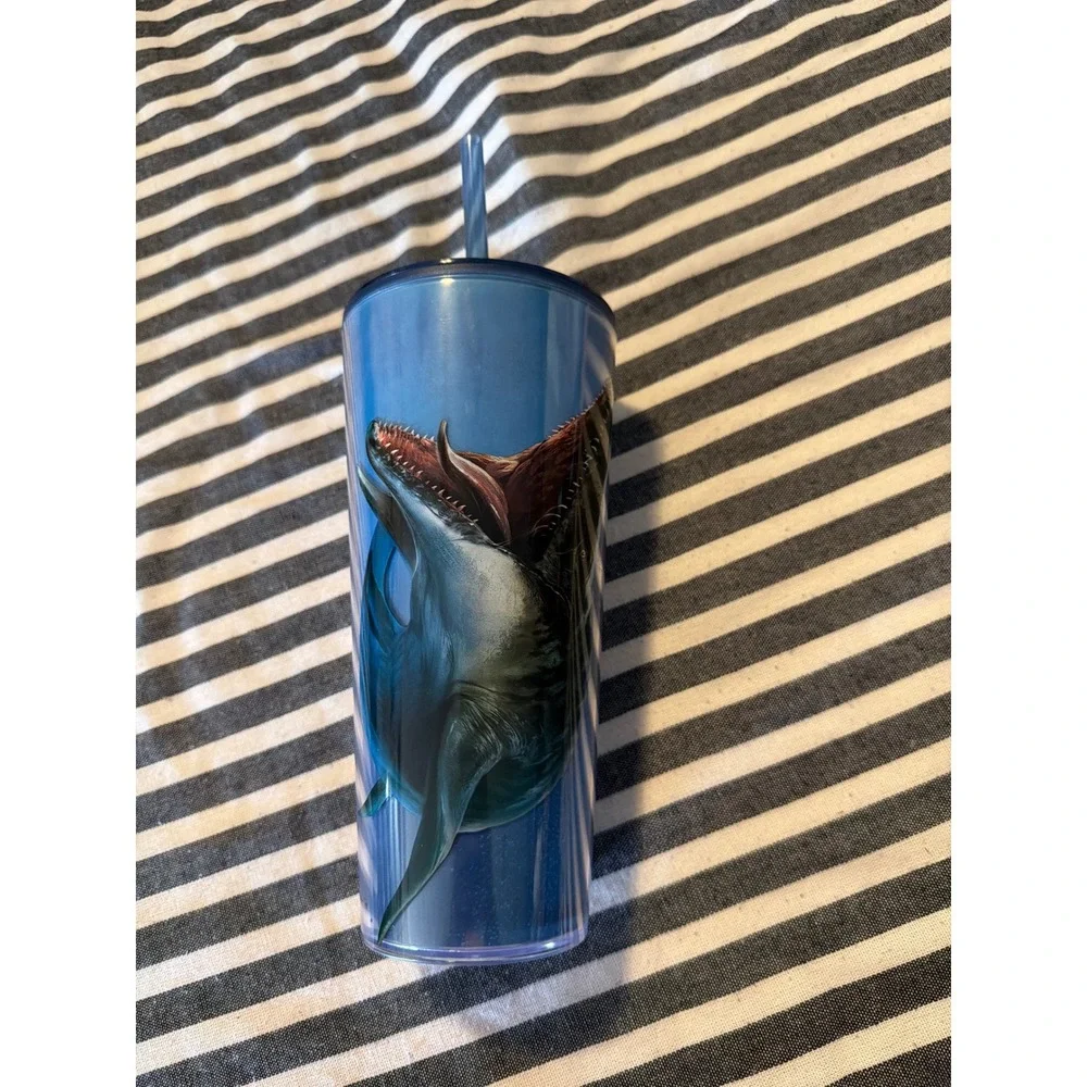 Jurassic World Rebirth Blue Tumbler Mosasaurus T-Rex Logo Cup with Straw‎ Lid